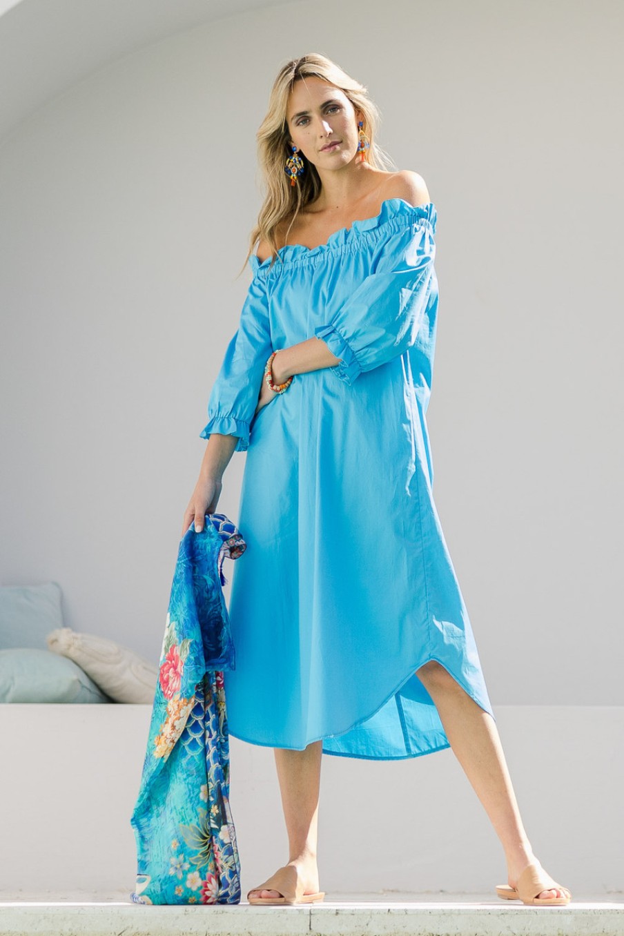 Dresses boho bird | Good Vibes Off Shoulder Cotton Dress Bluerad