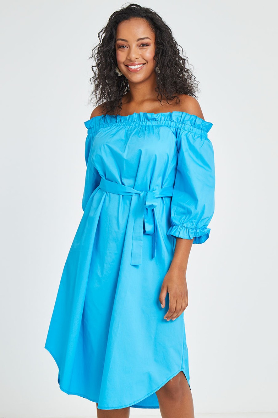 Dresses boho bird | Good Vibes Off Shoulder Cotton Dress Bluerad