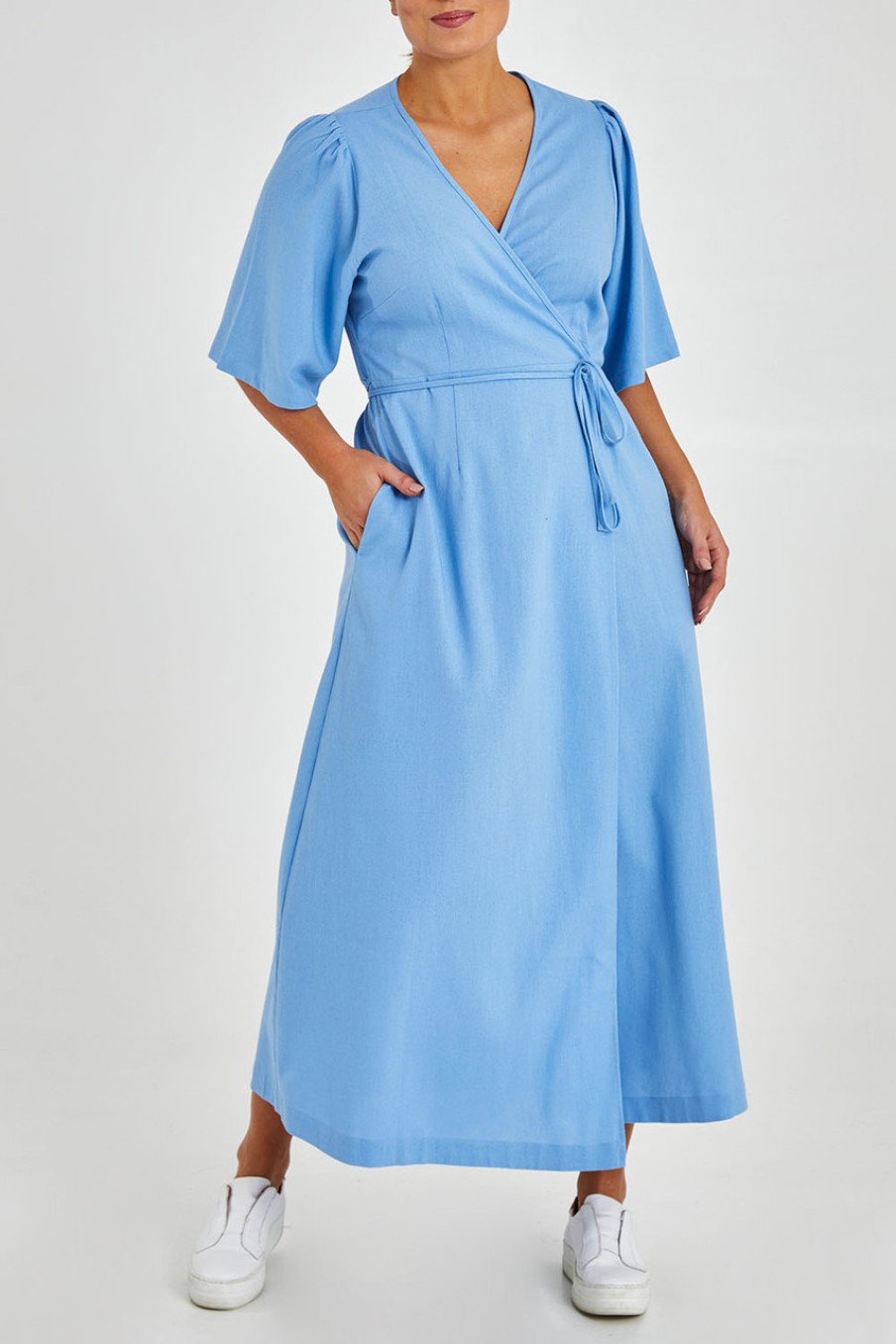 Dresses Natural for birds | Linen Cotton Blend Short Sleeve Wrap Dress Lightblue