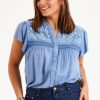 Tops boho bird | Floral Fields Embroidered Top Chambray