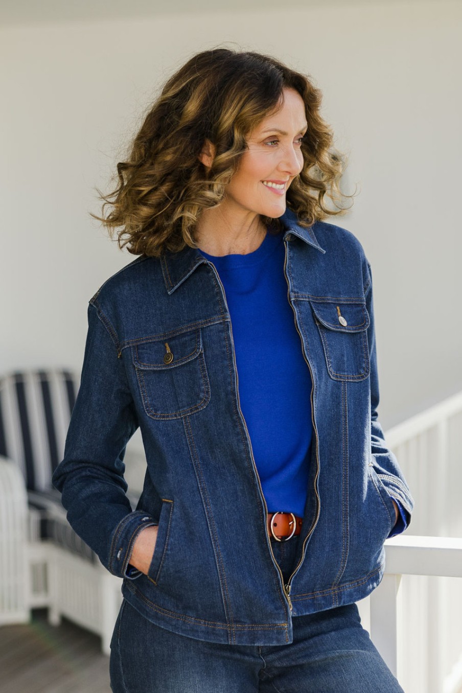 Coats & Jackets bird keepers | The Zip Front Stretch Denim Jacket Darkdenim