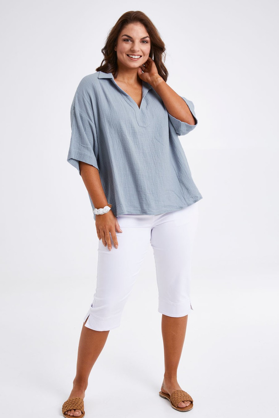 Tops bird keepers | The Double Cotton Collar Top Chambray