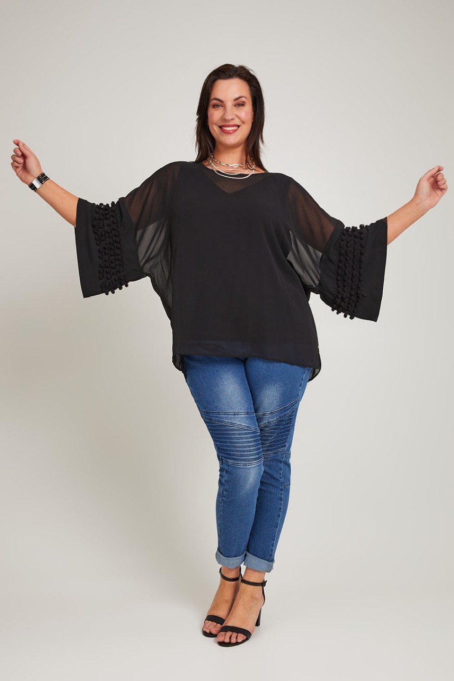 Tops Belle bird | Belle Chiffon Bubble Detail Top W/Cami Black