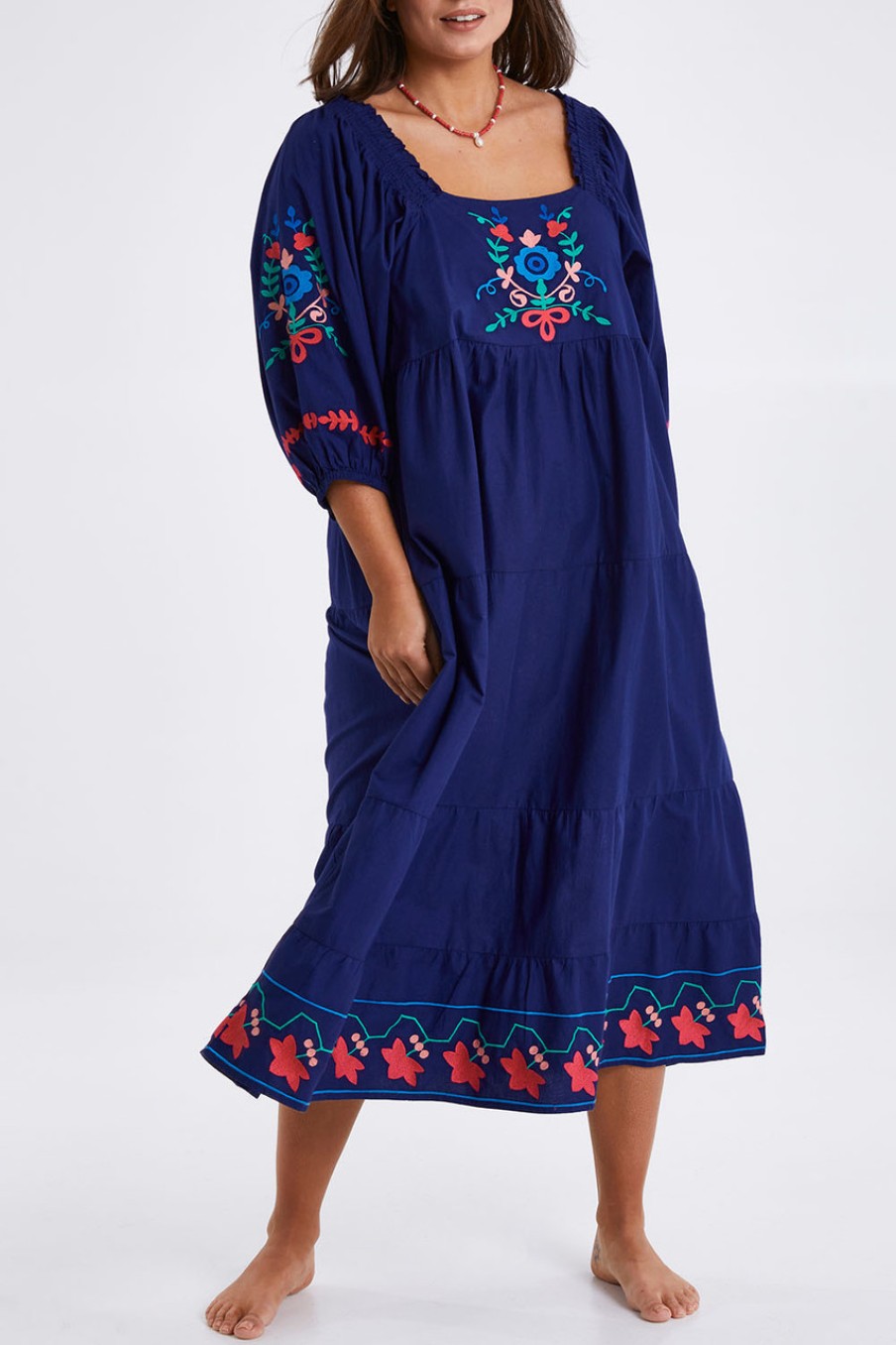 Dresses boho bird | Picnic In The Fields Embroidered Dress Navycombo