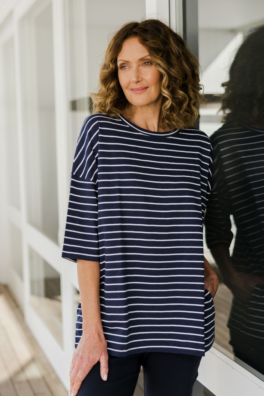 Tops bird keepers | The Striped Elbow Length Tee Navywhite