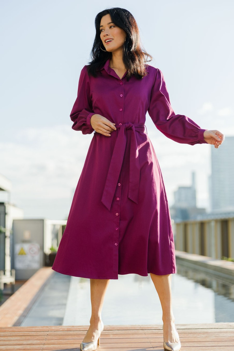 Dresses bird by design | The Luxe Cotton Stretch Shirt Dress Berry