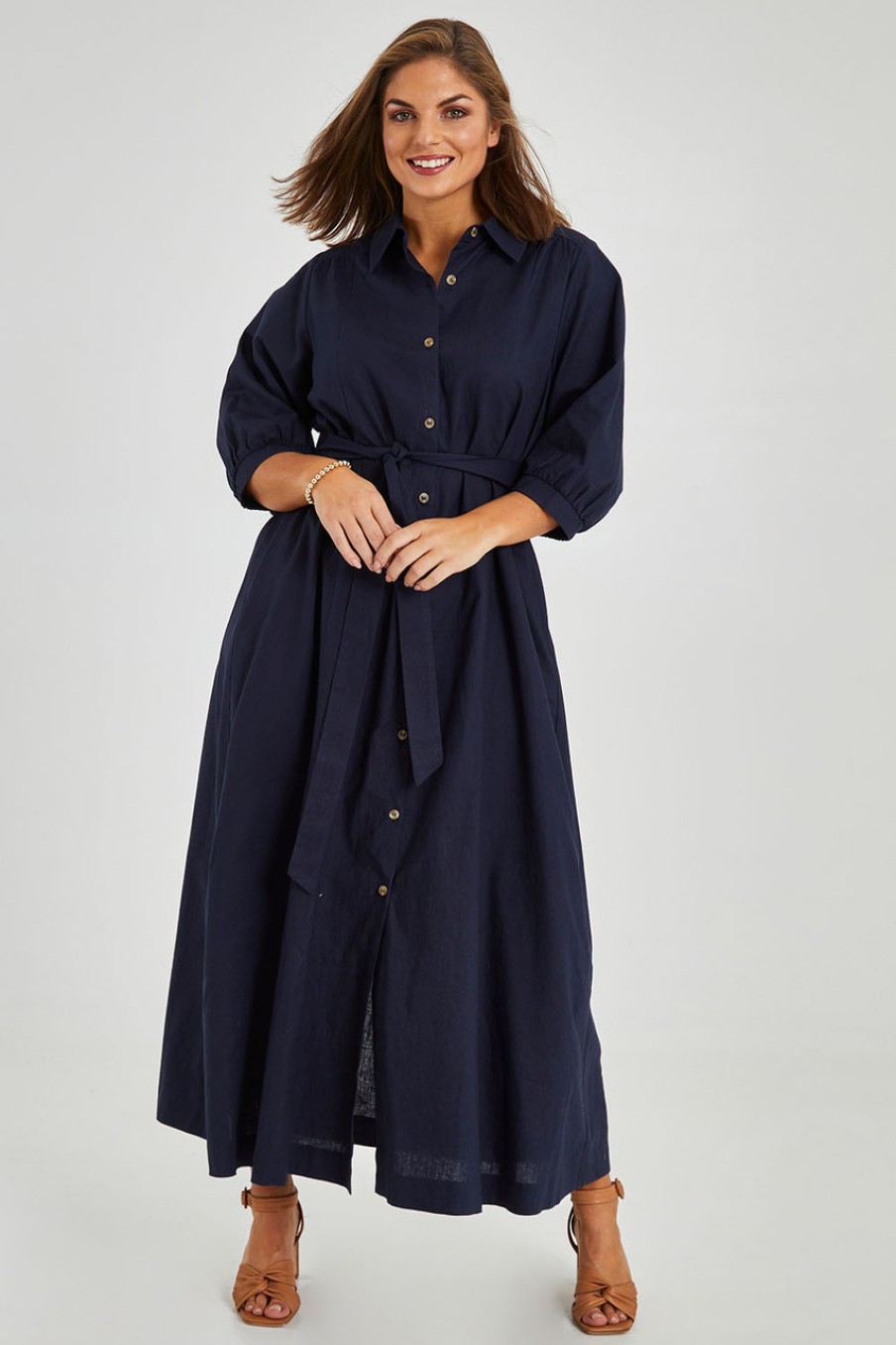 Dresses Natural for birds | Linen Cotton Maxi Shirt Dress Navy