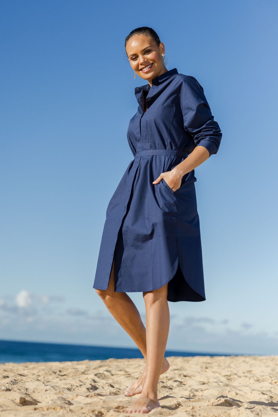 Dresses Natural for birds | Cotton Midi Shirt Dress Navy