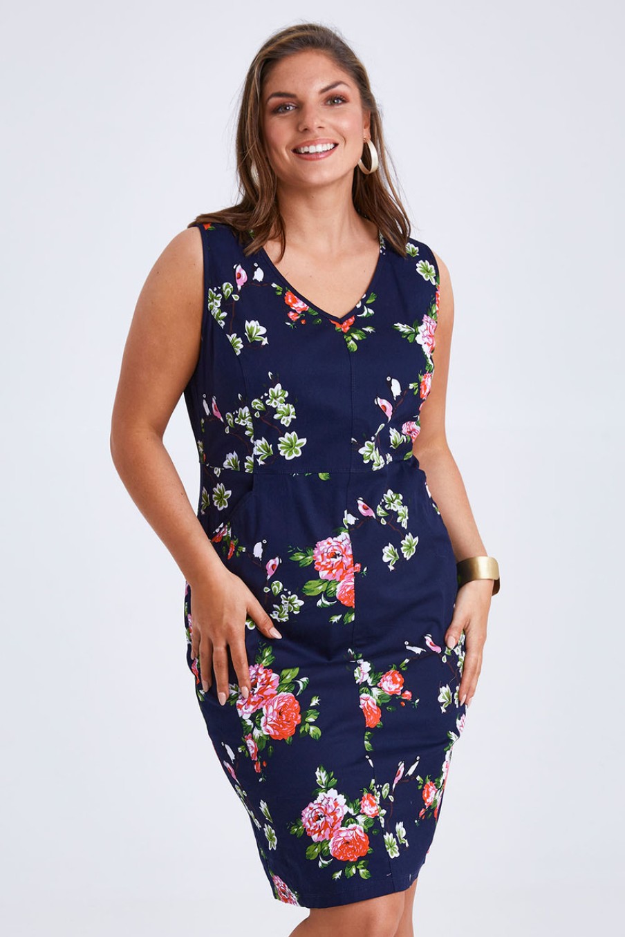 Dresses Belle bird | Belle V Neck Cotton Sateen Print Dress Bluefloral