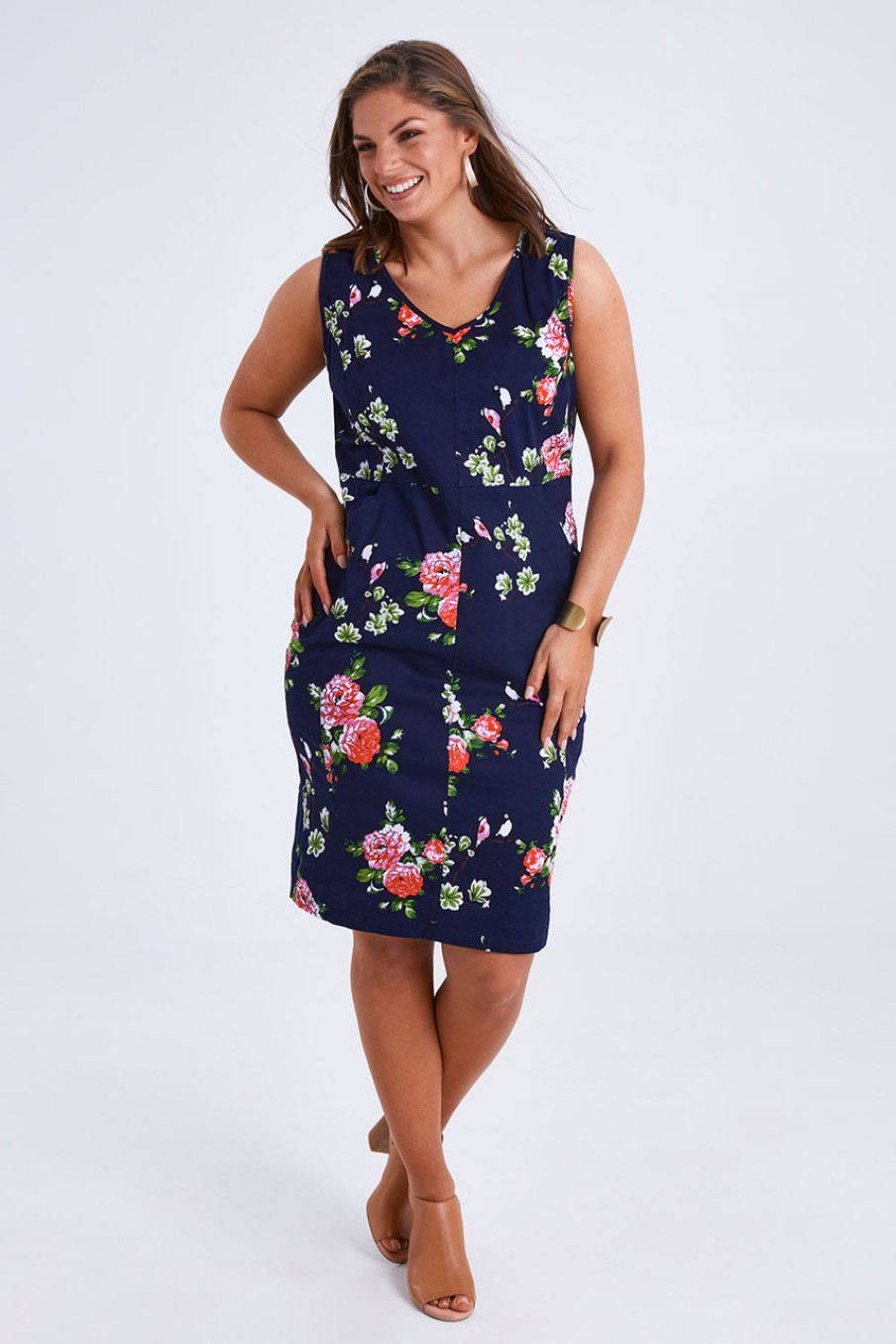 Dresses Belle bird | Belle V Neck Cotton Sateen Print Dress Bluefloral