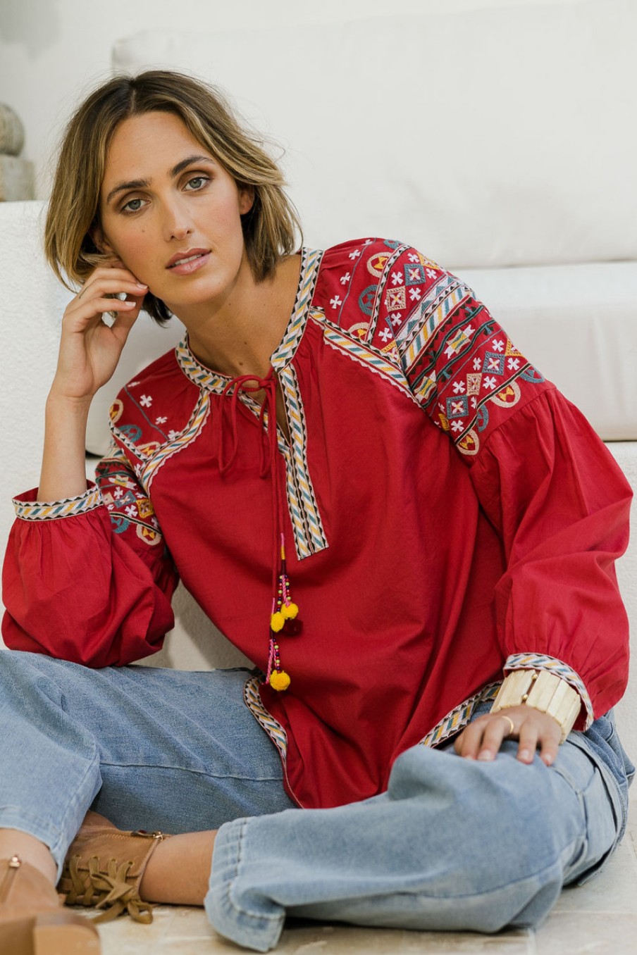 Tops boho bird | State Of Grace Embroidered Blouse Ruby