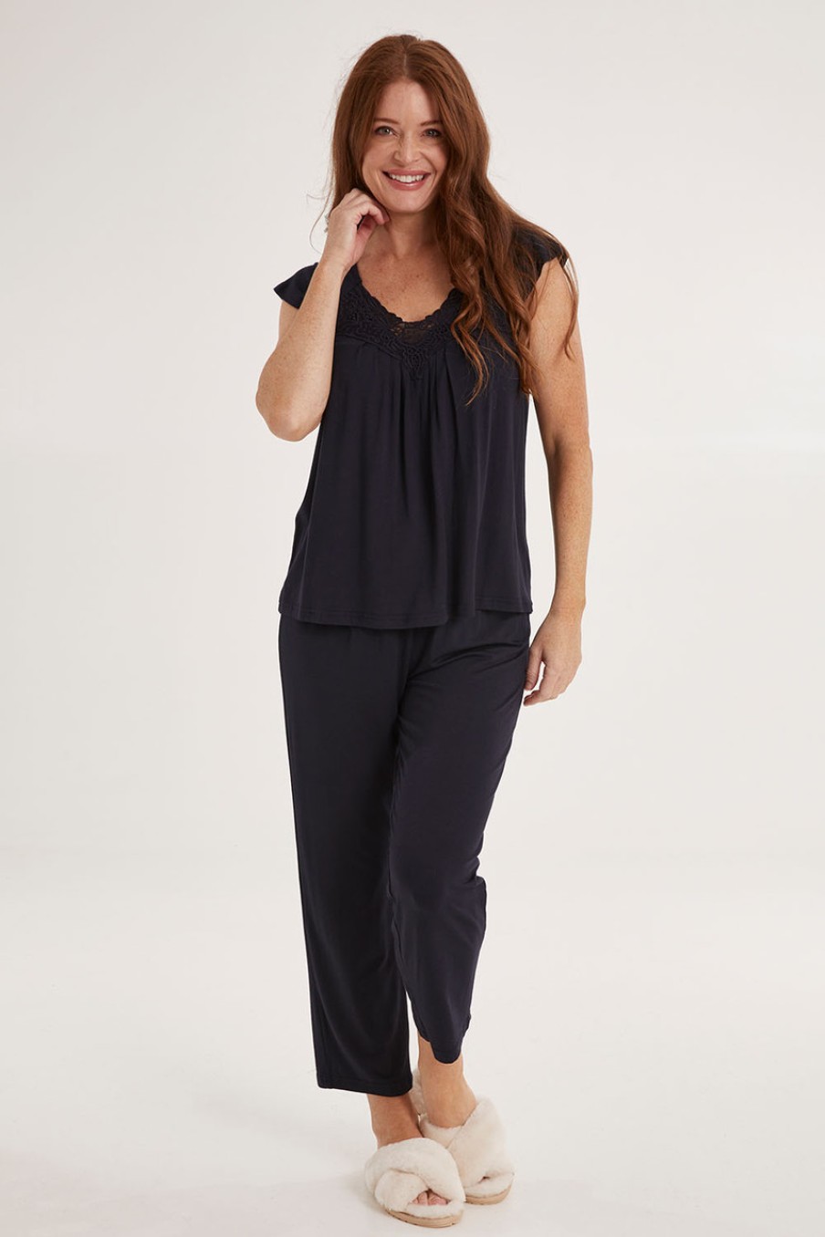 Lingerie & Sleepwear Givoni | Le Knit Lace Trim Pyjama Set Navy