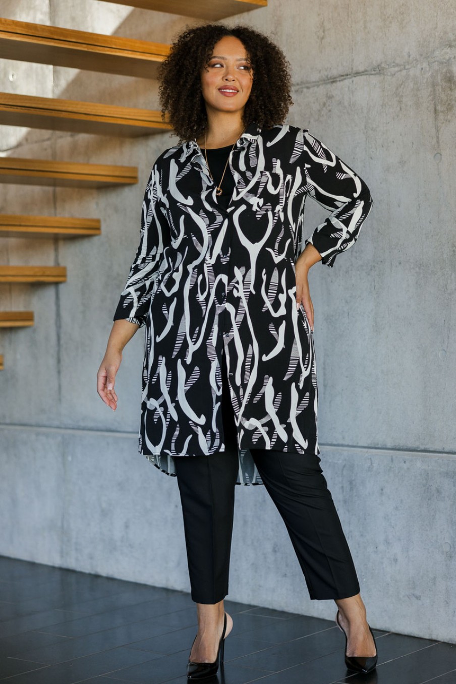 Tops Belle bird | Belle Relaxed Long Printed Shirt Blackivory