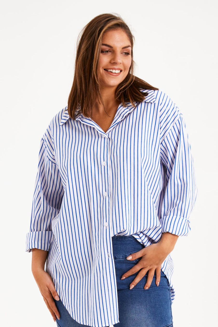 Tops boho bird | Relaxed Elegance Boyfriend Shirt Bluestripe