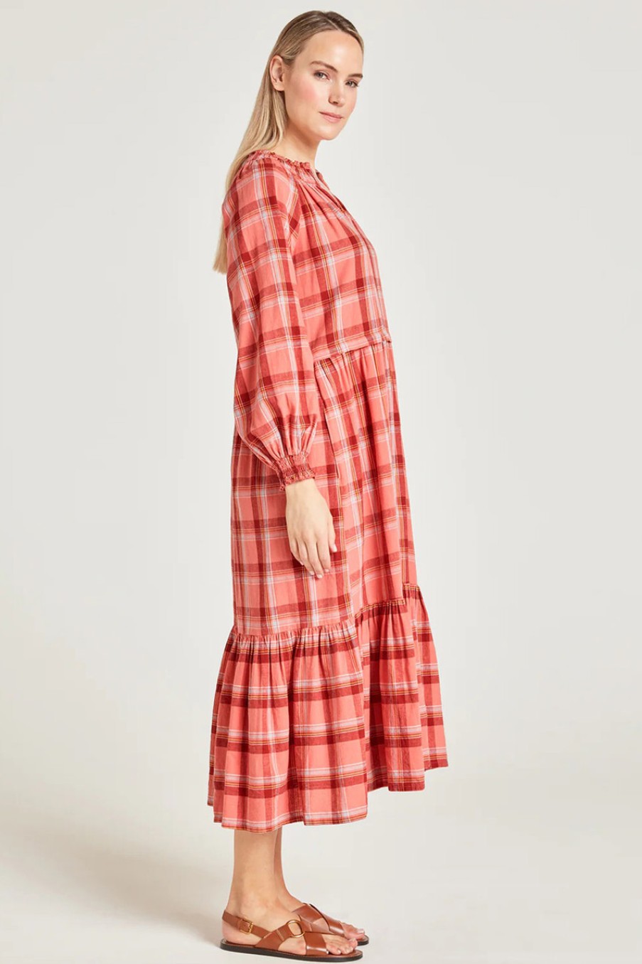 Dresses Thought | Iman Hemp Check Midi Dress Lightcoral