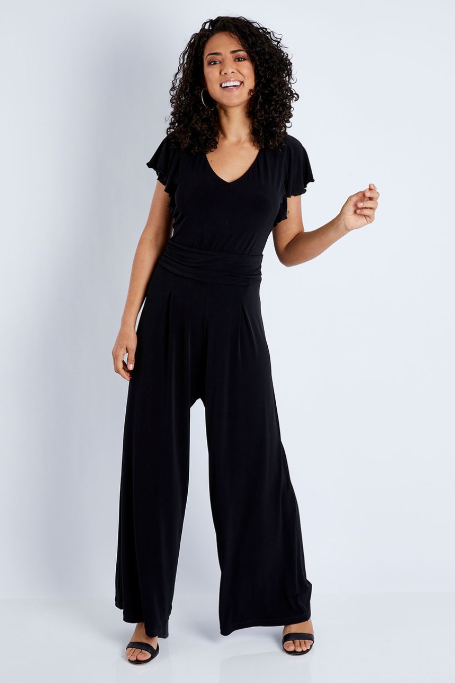 Jumpsuits & Playsuits bird by design | The Frill Sleeve Ruched Waist Jumpsuit Black