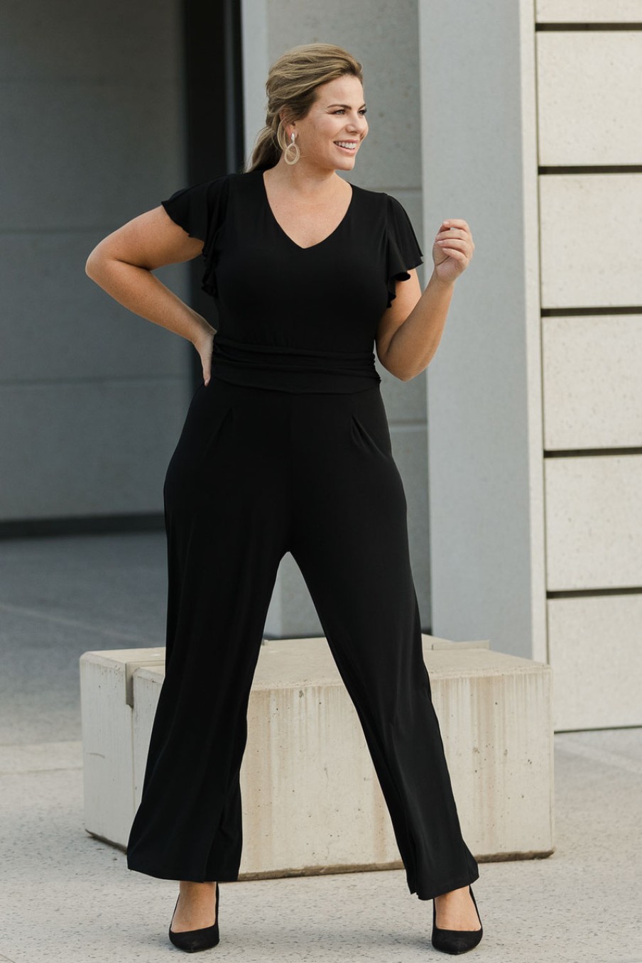 Jumpsuits & Playsuits bird by design | The Frill Sleeve Ruched Waist Jumpsuit Black