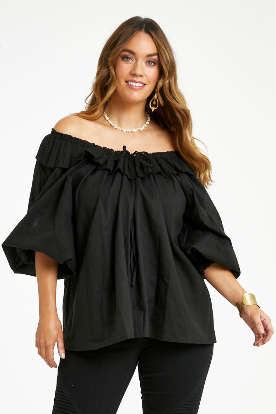 Tops boho bird | Date Night Cotton Ruffle Top Black