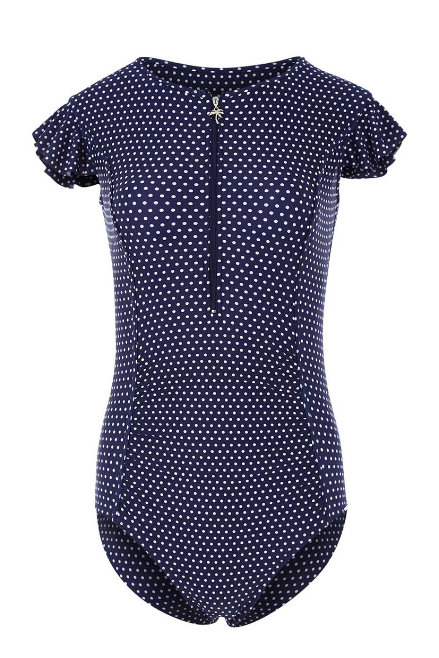 Swimwear Capriosca | Dots Zip Front Panelled One Piece Navy