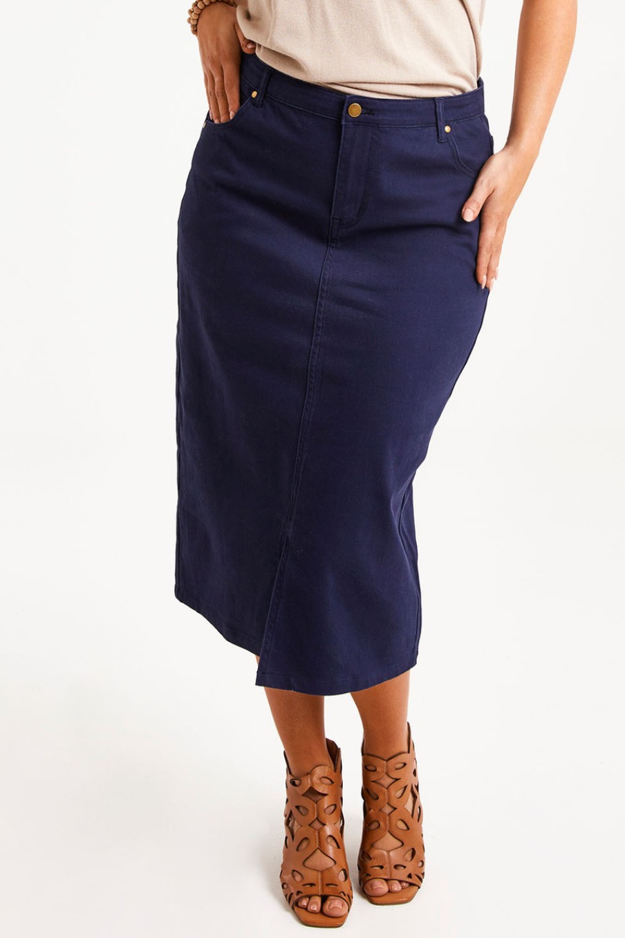 Skirts bird keepers | The 5 Pocket Denim Midi Skirt Navy